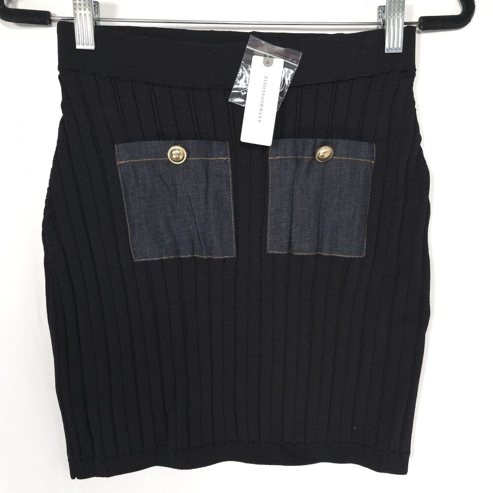 ANTHROPOLOGIE MAEVE Women's New SMALL Denim Pocket Knit Mini Skirt Black 4120